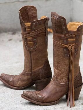 Corral Brown Leather Mid-Calf Western Boots with Fringe and Studs Women's Size 9